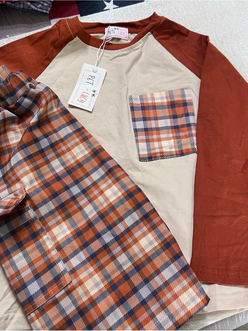 Pete + Lucy Boys 2 Pc Plaid Shorts Outfit Set 4T Rust Cream Navy